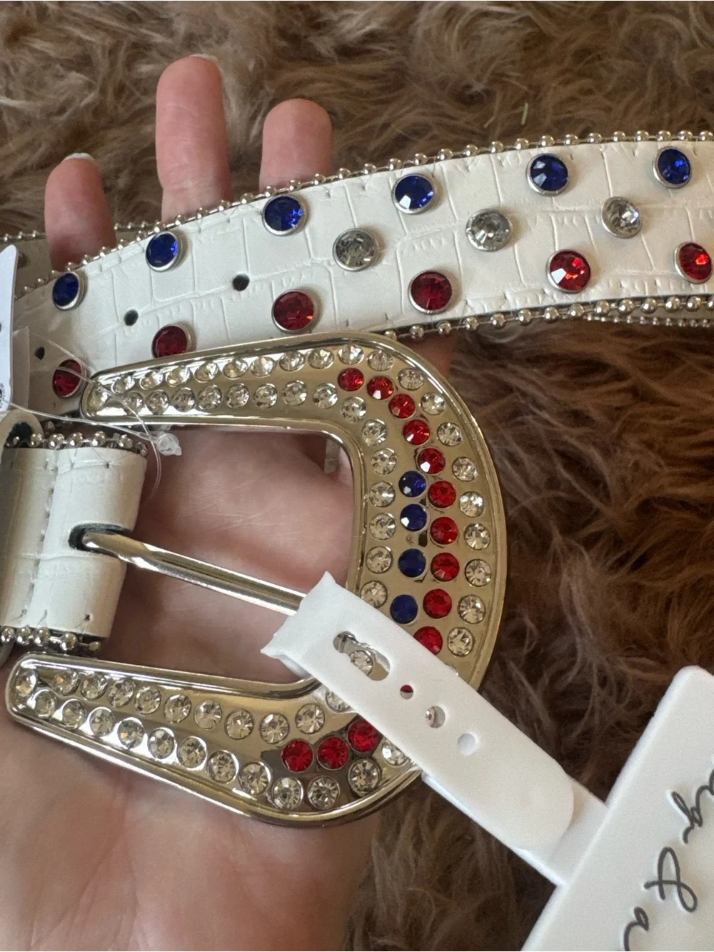 Patriotic belt rhinestones red white blue American flag beautiful chunky buckle